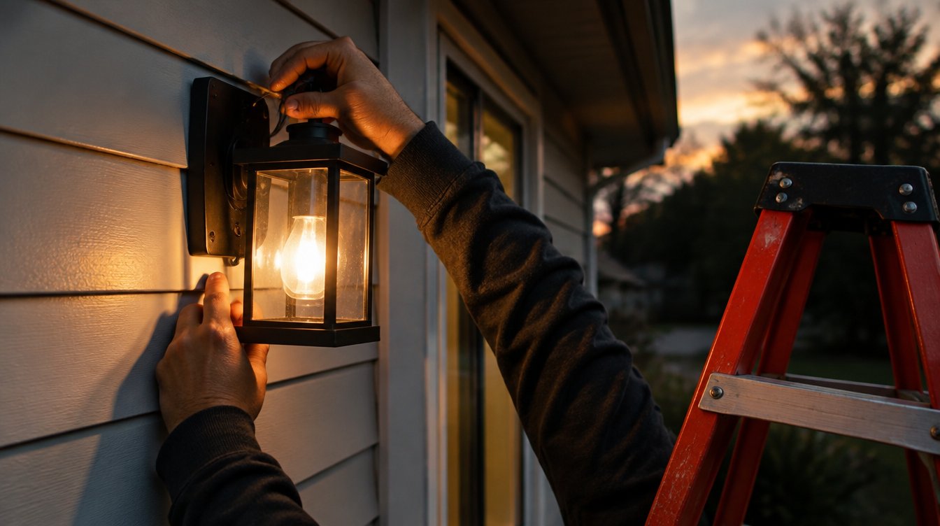 Illustrative exterior lighting imagery (AI-generated filler, not an A-1 job photo)